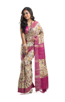 Off White Gicha Silk Saree With Digital Print On All Over Base And Contrast Color Border And Pallu (KR2208)
